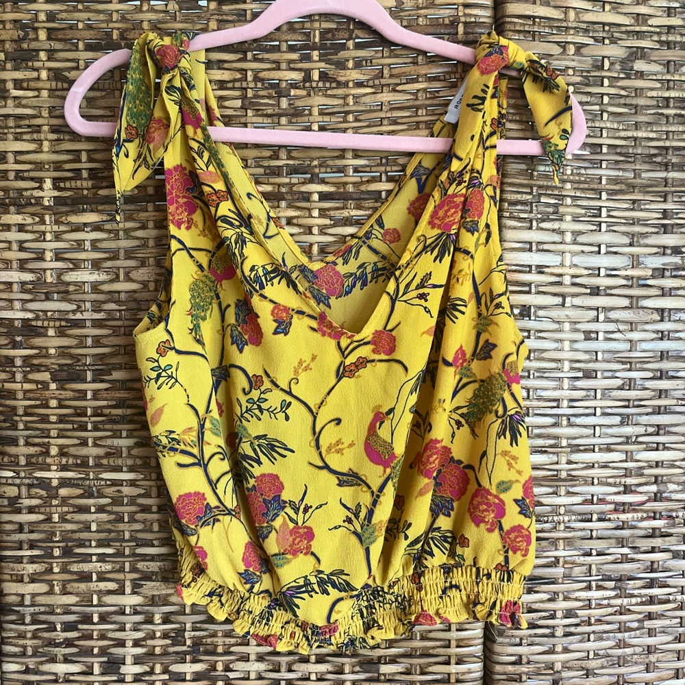 Floral Yellow Tie-Strap Top Rose and Olive